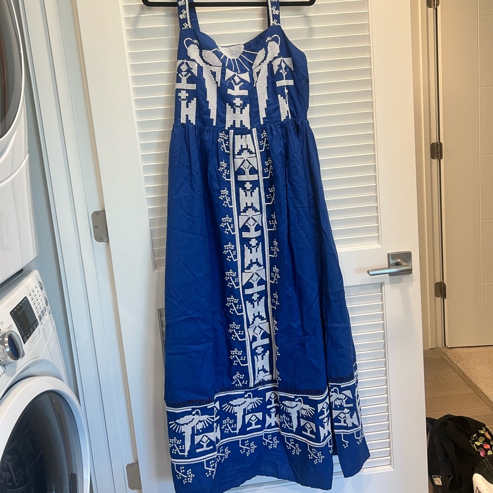 Farm RIO navy Macaw embroidered maxi dress